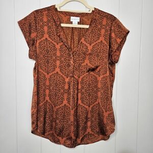 Liz Claiborne Women's Silky Medium Top Burnt Orange Black Blouse Shirt Dressy